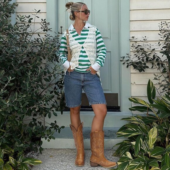 🆕Women Brown Synthetic Leathers Cowgirl Chunky Heel Snip Toe Mid-Calf Boots - Picture 11 of 11